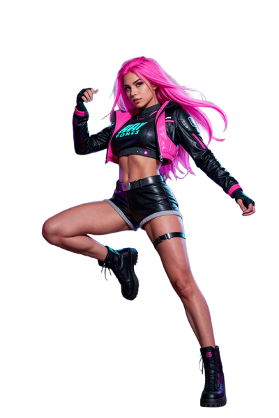 Eva, die Bonus-Expertin von Gizbo Casino, als Graffiti-Charakter mit Neon-Pink-Haar und leuchtenden Bonus-Token in dynamischer Street-Art-Pose