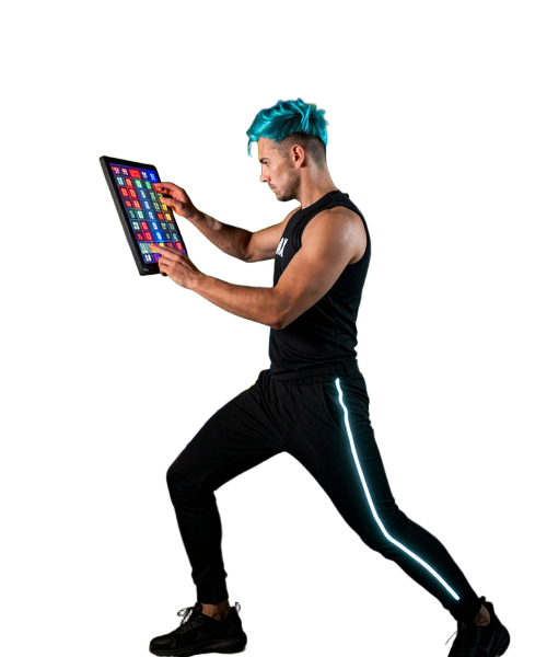 Max als Graffiti-Kunstwerk analysiert holographische Sportwetten-Quoten auf einem leuchtenden Tablet, umgeben von gr&uuml;nen und blauen Spr&uuml;hfarben-Spritzern