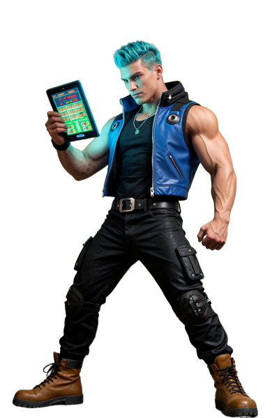 Max, der Sportwetten-Experte von Gizbo Casino, als Graffiti-Charakter mit Cyan-Haar und leuchtendem Wettschein in dynamischer Action-Pose